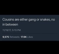 the text reads, couisins are either gang or snakes, no in between