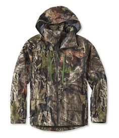 the men's camo jacket is shown in realtreet and has an attached hood