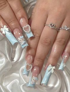 Paznokcie Hello Kitty, Armor Suit, Baby Blue Nails, Pearl Love, Cute Acrylic Nail Designs, Hello Kitty Nails