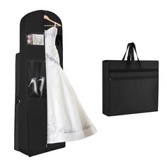 a dress hanging on a rack next to a black bag and a white wedding gown