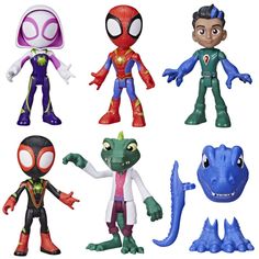 the spider - man action figures are shown in four different poses, including an alligator, lizard