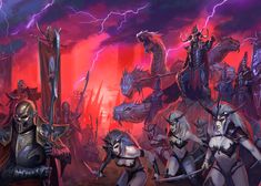 some knights are standing in the middle of a storm with their swords and armor on