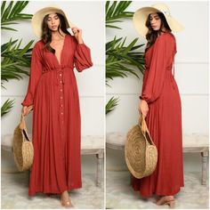 Women's Long Sleeve Woven Maxi Dress Fabric: 65% Rayon. 35% Polyester Available In Size: S, M, L Lined Button Down Closure Self Tie Closure At Waistline C104 Red Maxi Dress For Fall Vacation, Red Maxi Dress For Fall Beach Occasion, Red Maxi Dress For Beach In Fall, Unique Maxi Dresses, Ruffle Floral Maxi Dress, White Sheer Dress, Denim Chambray Dress, Boutique Maxi Dresses, Cheetah Dress