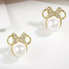 Cute Pair Of Stud Earrings. Perfect For Disney Fans!! 925k Sterling Posts! 18k Gold Plated. Synthetic Zirconia And Pearl Accents. I Have Other Earrings And Items So Please Take A Look And Bundle Disney Gold Earrings As Gift, Gold Disney Earrings For Gift, Disney Gold Earrings For Gift, Mickey Earrings, Disney Necklace, Disney Earrings, Fancy Bows, Mickey Mouse Earrings, Rose Gold Crystal