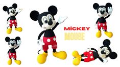 the mickey mouse character is shown in four different poses, including one for each letter