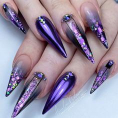 Witch Nails Purple, Witchy Acrylic Nail, Wizard Nails, Purple Wizard, Crystal Placement, Nails April, Purple Ideas, Studio Seven, Witch Nails