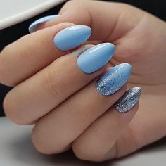 Blue Glitter Nails, Silver Nail Art, Cute Spring Nails, Almond Nails Designs, Spring Nail Art, Nail Designs Glitter, Spring Nail, Silver Nails, Prom Nails