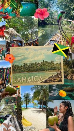 a collage of pictures with the words jamaica on it and images of tropical scenes