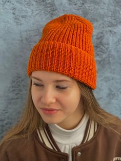 Orange beanies for women Knitted hats Beanie Hat Wool hat Knitted hat Soft spring  hat Warm knitted hat Handmade knitted hat Knitted  * The hat is 100% handmade and I'm proud of it. * Crafted from 100% merino wool for an incredibly natural look.  *  * AVAILABLE IN TWO COLORS  🌈 ▬ SIZES: Orange cap 54-56cm (21.25-22.04 inches)                             Orange / Black 56-58 cm (22.04-22.83 inches) ▬ I can make any size at your request :)  ▬ Material: merino wool  ▬ CARE  ▬ Hand or delicate wash only 30o  with shampoo, dry on a flat surface. All items are pre-washed.  ▬ DELIVERY ▬ * Ready to ship within 1-3 business days  * USA: 7-21 business days.  * Europe: 7-14 business days.  * United Kingdom: 7-14 business days.  * Canada: 7-21 business days * Australia, New Zealand and Oceania: 14-21 Casual Acrylic Yarn Beanie, Casual Acrylic Yarn Beanie Bonnet, Casual Knitted Bonnet One Size, Warm Solid Color Crochet Hat, Casual Acrylic Yarn Cap, Casual Acrylic Yarn Beanie Hat, Casual Knit Crochet Beanie Hat, Casual Knit Crochet Cap, Casual Crochet Cap For Cold Weather