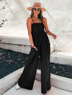 Square Neck Smocking Jumpsuit For Woman Black Casual Thin Straps Wide Leg Pants Playsuit 2023 Summer Loose Overalls Rompers Black Jumpsuit Outfit, Summer Jumpsuit Casual, High Waist Jumpsuit, Slim Jumpsuit, Pocket Jumpsuit, Loose Jumpsuit, Jumpsuit Outfit