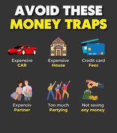 the words avoid these money traps are written in different colors and font, with images of people