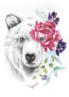 a drawing of a bear with flowers on its head and the face of a bear