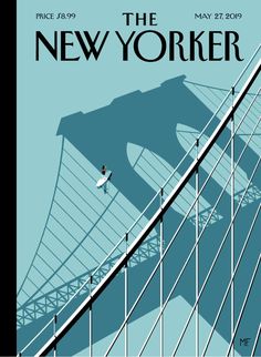 a poster for the new yorker on display in front of a blue background with an image of a bridge