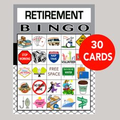 an image of a card game with the words retirement bingo written in red on it