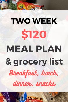 two week meal plan and grocery list with text overlay