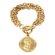 Gold plated multirow bracelet with big coin pendant  6" length, 1 1/4" x 1 1/4" pendant Chanel Charm Bracelet, Contemporary Bracelets, Rose Gold Charms, Sterling Silver Charm Bracelet, Gold Charm Bracelet, Silver Charm Bracelet, Diamond Charm, Diamond Bracelets, Coin Pendant