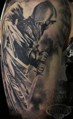 Angelic Warrior, Men Shoulder Tattoo, Angel Warrior Tattoo, Arm Cover Up Tattoos, St Michael Tattoo, Michael Tattoo, Men Tattoos Arm, Gladiator Tattoo, Tattoos Arm Sleeve