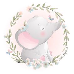 an elephant with flowers around it's neck is sitting in the middle of a circle