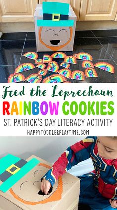 a child is playing with some rainbow cookies in front of a box that says feed the leprechaun rainbow cookies st patrick's day library activity