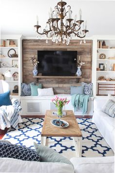 a living room filled with furniture and a flat screen tv mounted to the side of a wall