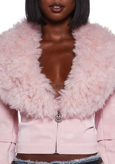 you're the talk of the town. This cropped moto jacket has a vegan leather construction, statement faux fur trim, buckle strap details, and a front zip closure with a crown logo charm. Lisa Outfit, Pink Fur Jacket, Cropped Fur Jacket, Kiss Outfits, Pink Fur Coat, Faux Fur Fashion, Cropped Moto Jacket, Pink Leather Jacket, Crown Logo