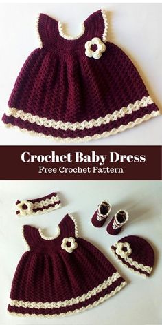 a crochet baby dress and booties are shown with the text, free croche