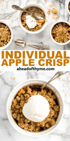 an individual apple crisp in a bowl with ice cream and spoons on the side