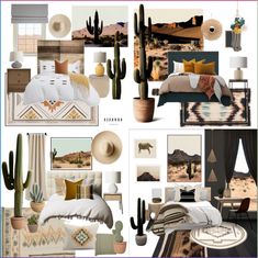 a collage of desert themed bedroom decor