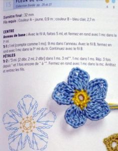 crochet flowers are shown on top of an open book with instructions for how to crochet them