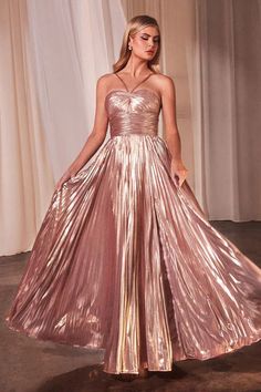 Rose Gold Halter Pleated Lame' Metallic A-Line Gown Special Ocassion Dresses, Lame Dress, Lame Fabric, Cinderella Divine, Wholesale Dress, A Line Gown, Jumpsuit Fashion, Long Prom Dress, Long Dresses