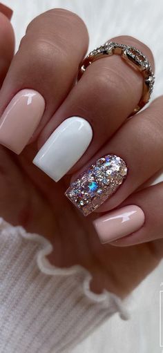 Wedding Nails For Bride Blue Accent, Nail Designs Summer Neutral, Side Thigh Tattoos Unique, Nude Nail Polish Ideas, December Nail Designs Acrylic, Nails To Match Any Outfit, Sparkly Bright Nails, Cute Girly Acrylic Nails, Nail Ideas For Summer Wedding