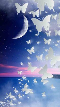 the sky is filled with white butterflies flying over water