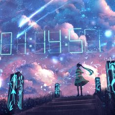 a woman standing on top of a set of stairs in front of a sky filled with stars