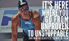 a man riding a bike in the water with a quote on it that reads, it's here where you go from unproven to unstoppable