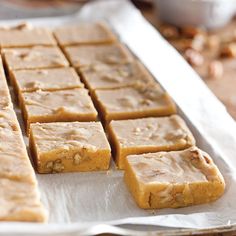 several pieces of peanut butter fudge on a tray