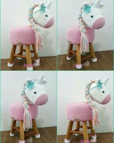 four pictures of a crocheted unicorn sitting on top of a wooden stool,