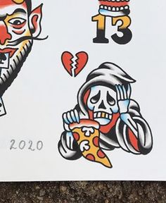 a playing card with two different tattoos on it's sides and one has a skull holding a pizza slice