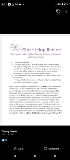 the glazee icing recipe is displayed on an iphone screen, and it appears to be being read