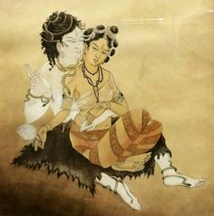 a painting of two women sitting on the ground