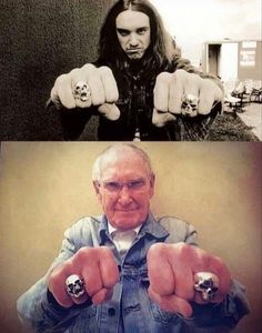 an old man with two skulls on his hands and another photo of the same person