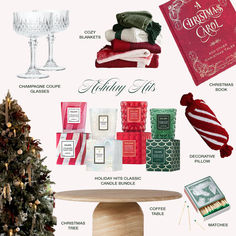 the holiday gift guide is on display in front of a christmas tree and other items