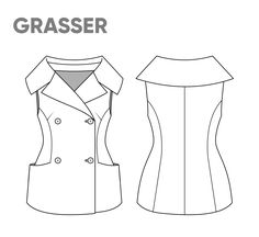 the front and back view of a women's dress with an overcoat on it