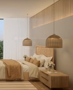 a bedroom with a bed, nightstands and windows overlooking the trees in the distance