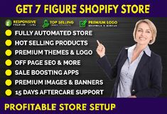 a woman is pointing to the right side of her shopfront with text that reads, get 7 figure shopify store