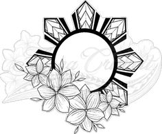 a black and white drawing of flowers with a circle in the middle, surrounded by diamonds