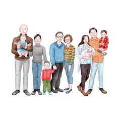 a watercolor drawing of a family standing together