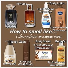 Products (from top left) 1. Cookies n’ Cream inspired by Chocolate Greedy 100mL- Burjairami Perfumes (Smells like a rich Nutella) 2. Choco Musk 50mL - Amazon or Dune Perfumes (Smells like hot chocolate with marshmallows and vanilla) 3. Palmer’s Cocoa Butter Body Lotion 400mL - Chemist Warehouse 4. Vaseline Cocoa Glow 750mL - Chemist Warehouse 5. Palmer’s Shea Butter Body Oil 250mL - Chemist Warehouse 6. Dove Brown Sugar and Coconut Butter 298g - Chemist Warehouse 7.  Sundae Hot Chocolate Body Shower Foam 265mL - Coles 8. Kwailnara Coffee Body Wash 560g - TK Maxx  EXTRA: —> Kellogg’s Coco Pops Shower Gel 500mL ($4 @ The Reject Shop) #chocolate #aesthetic #skincare #selfcare #shower #howtosmelllike #glowup  #glowuptips #products #australiaskincare Cocoa Butter Body Lotion, Shower Foam, Cookies N Cream Cookies, Body Shower, Shea Body Butter, Coconut Butter, Glow Up Tips, Tk Maxx, Vaseline