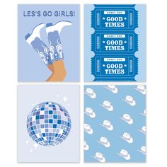 four different cards with the words good times and an image of a disco ball on them