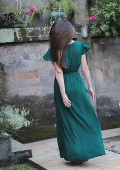 "Maxi Wrap Dress Bottle Green, Elegant Dress long, Bridesmaid Dress, Boho Summer Dress, Boho Wedding Guest Dress, Evening Dress Asymmetrical Long wrap dress bottle green \"Frieda & the Moon\" Our boho summer dress in dark green long at a glance: - Long summer dress for changing. - Lace closure at the waist. - V-neck. - Figure flattering cut. - One size fits all. Suitable for clothing sizes 34-38/40 (German). - Asymmetric hem. - Short butterfly sleeves. - Made of 100% very light and soft visc Solid Color Maxi Dress For Wedding Guest, Green V-neck Midi Bridesmaid Dress, Maxi Length Wrap Dress For Wedding Guest, Flowy A-line Maxi Dress For Wedding Guest, Green Maxi Wrap Dress For Party, Green A-line Bridesmaid Maxi Dress, Fitted Maxi Length Green Bridesmaid Dress, Green Flowy Floor-length Midi Dress, Flowy Green Floor-length Midi Dress