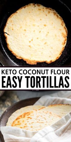 two images showing how to make keto coconut flour tortillas in a cast iron skillet